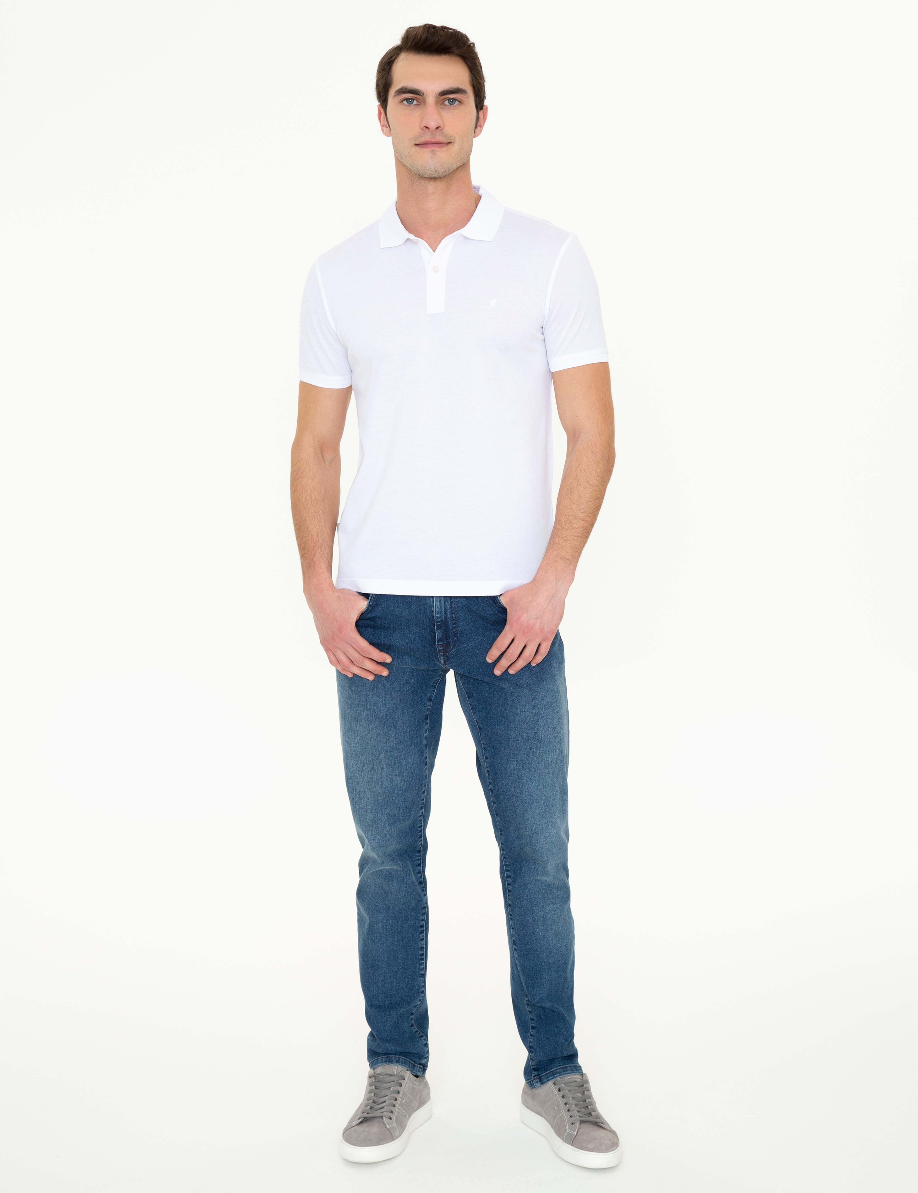 Beyaz Slim Fit Polo Yaka Merserize Tişört - Image 5
