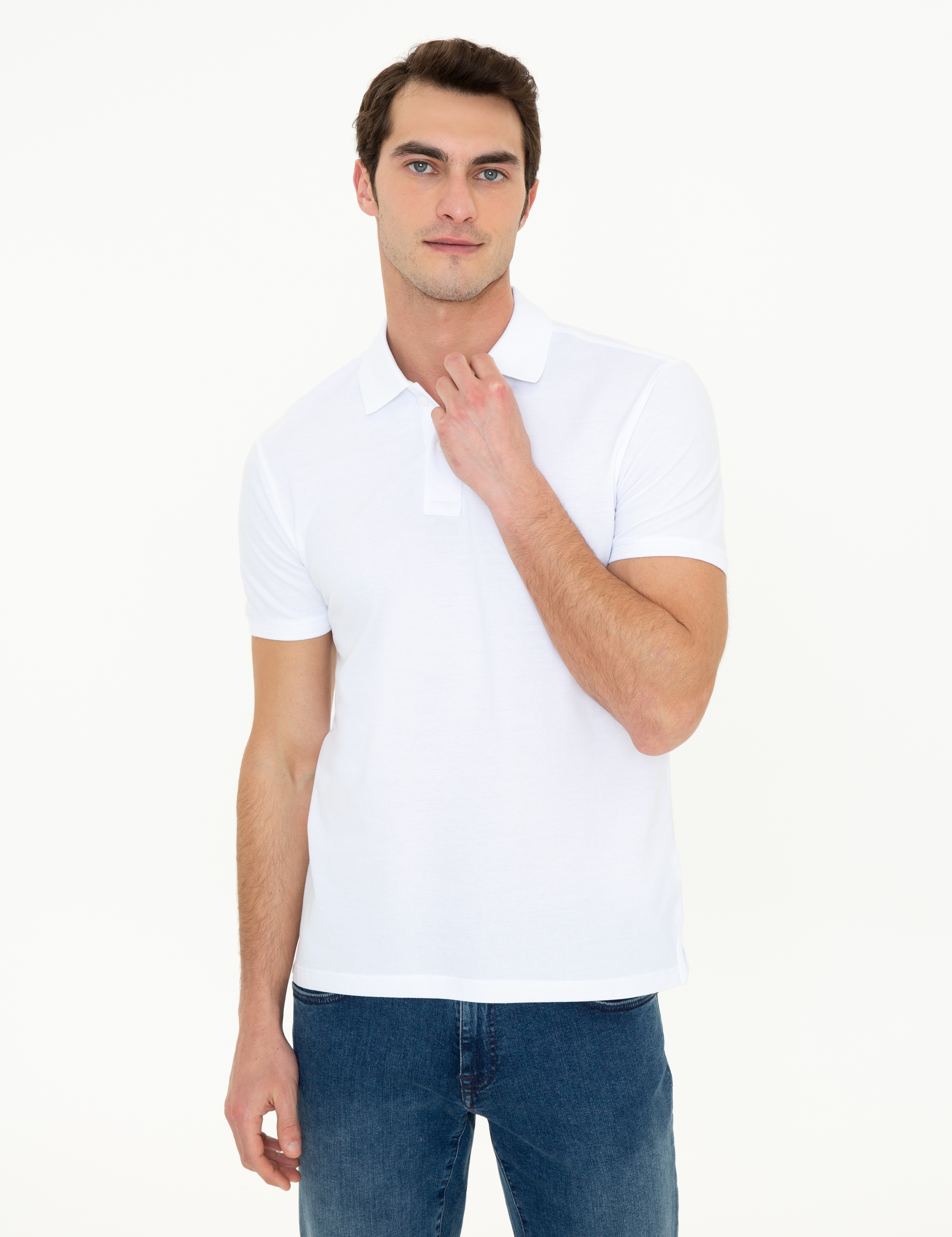 Beyaz Slim Fit %100 Pamuk Düğmeli Polo Yaka Basic Tişört - Image 3