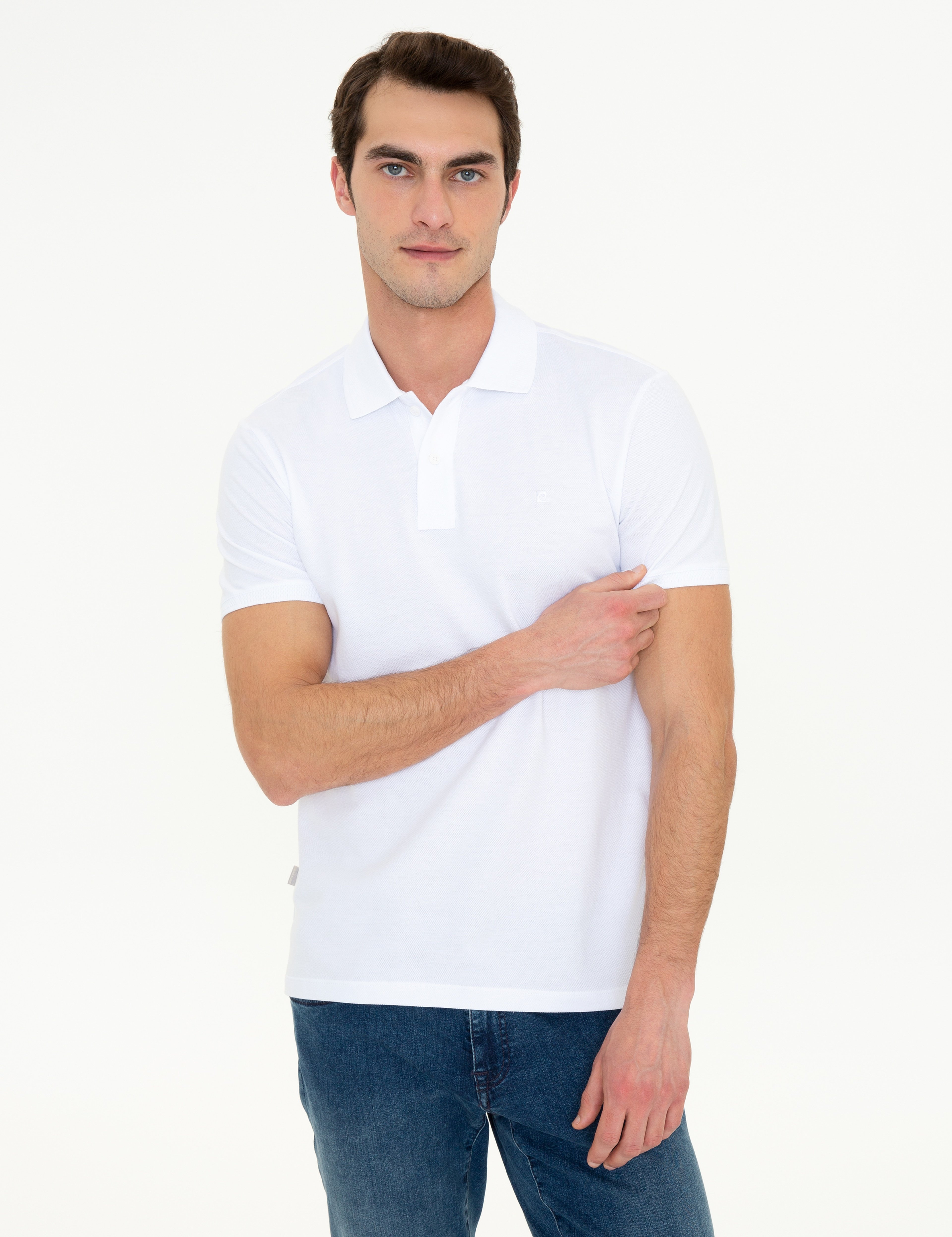 Beyaz Slim Fit %100 Pamuk Düğmeli Polo Yaka Basic Tişört - Image 1