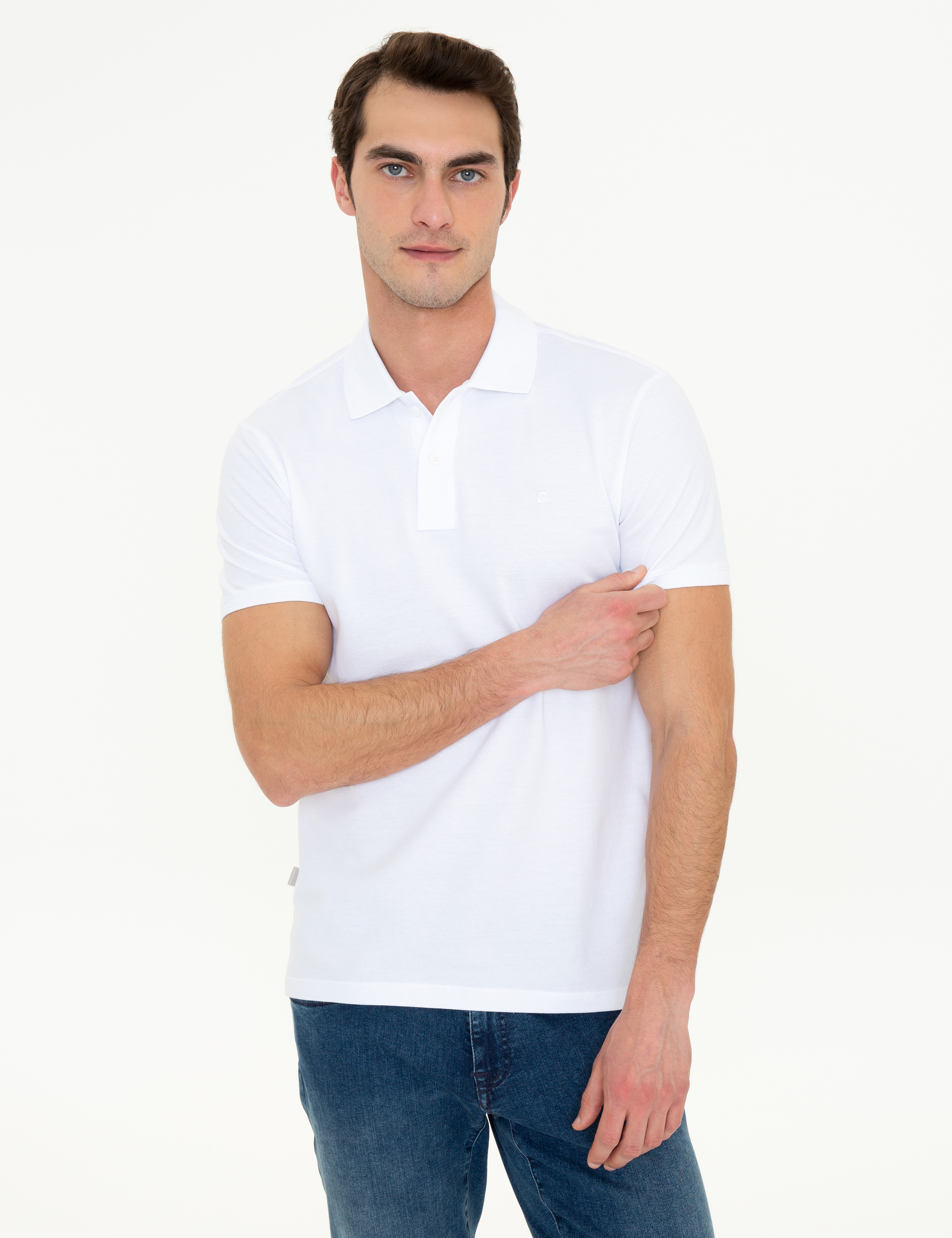 Beyaz Slim Fit %100 Pamuk Düğmeli Polo Yaka Basic Tişört