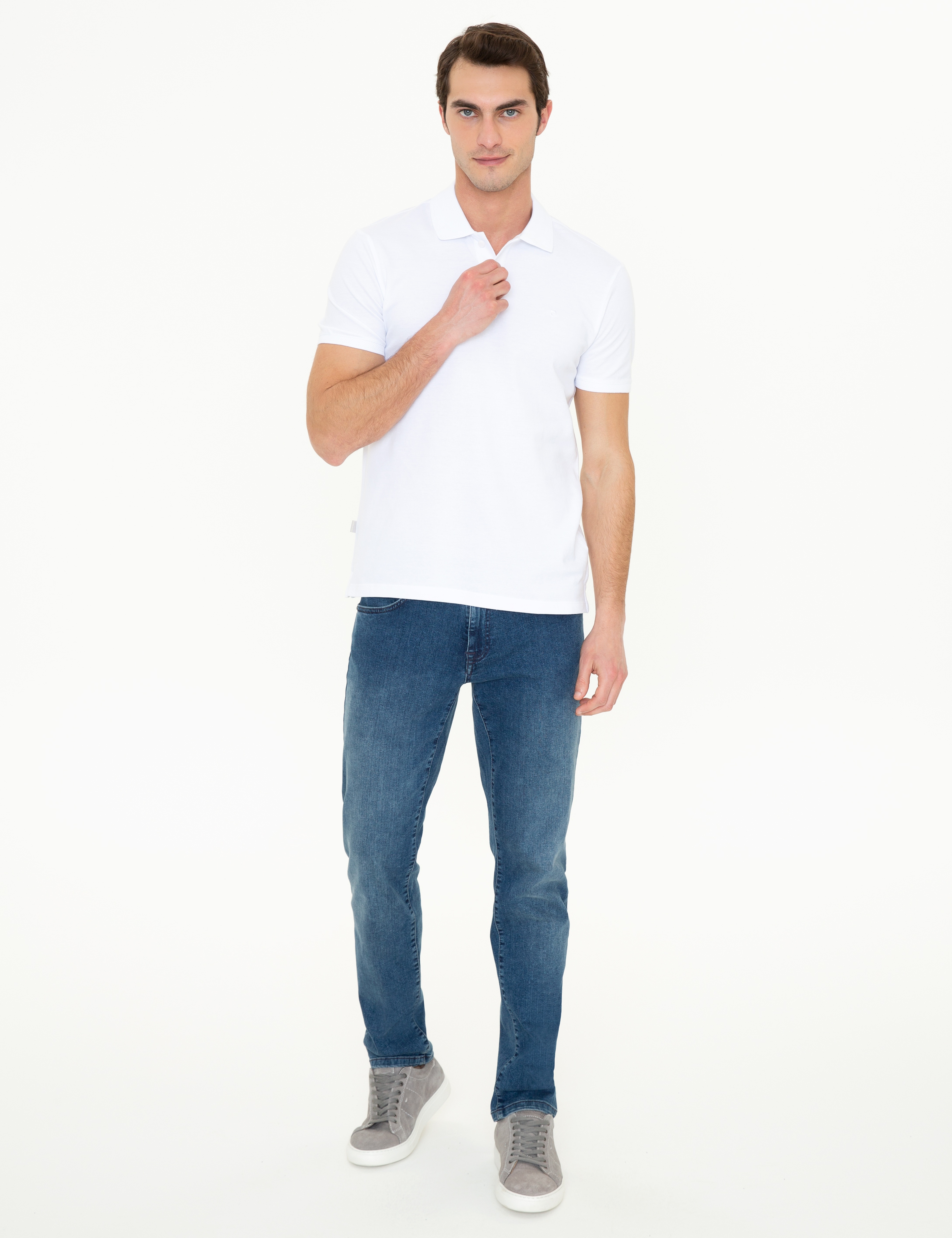 Beyaz Slim Fit %100 Pamuk Düğmeli Polo Yaka Basic Tişört - Image 5