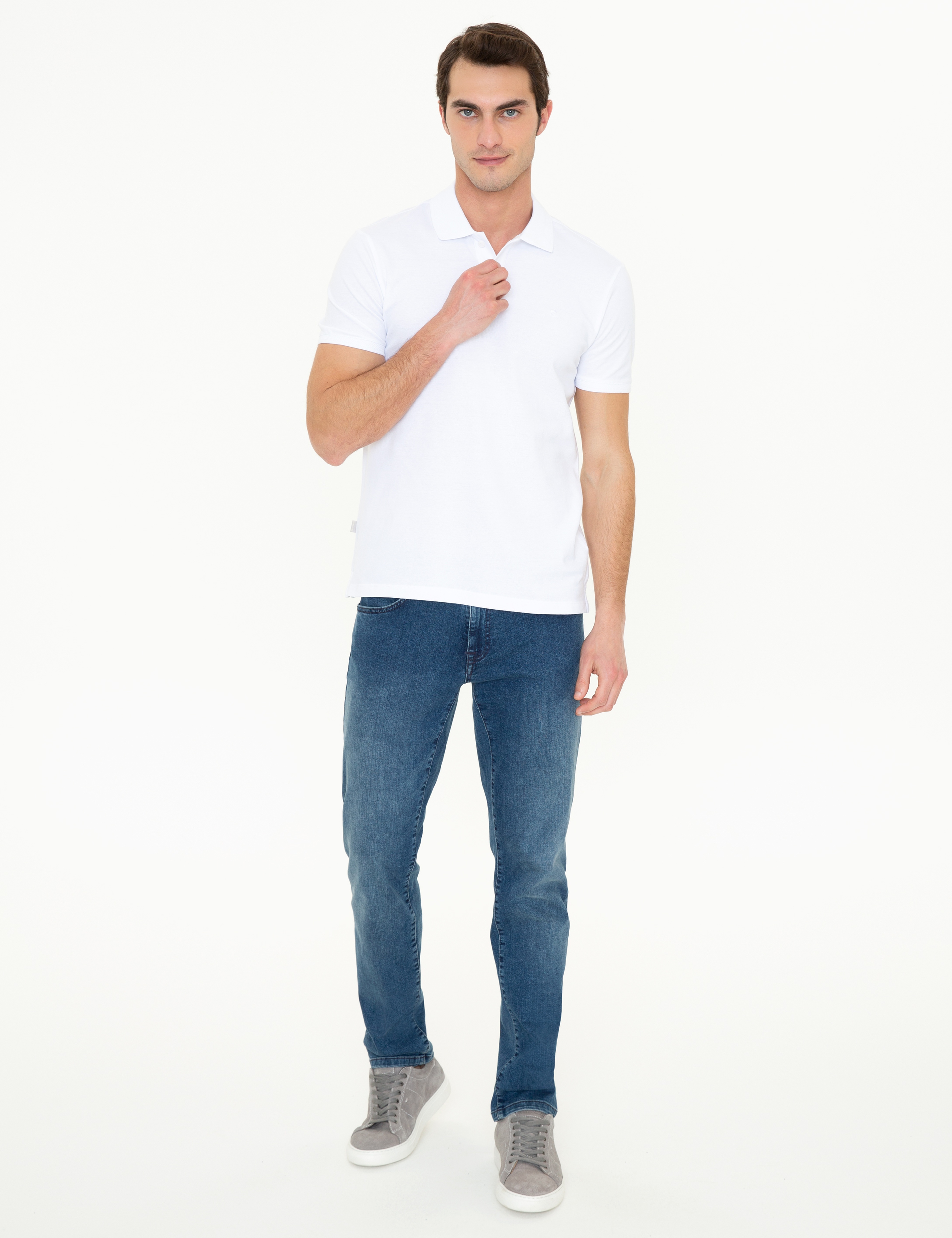 Beyaz Slim Fit %100 Pamuk Düğmeli Polo Yaka Basic Tişört