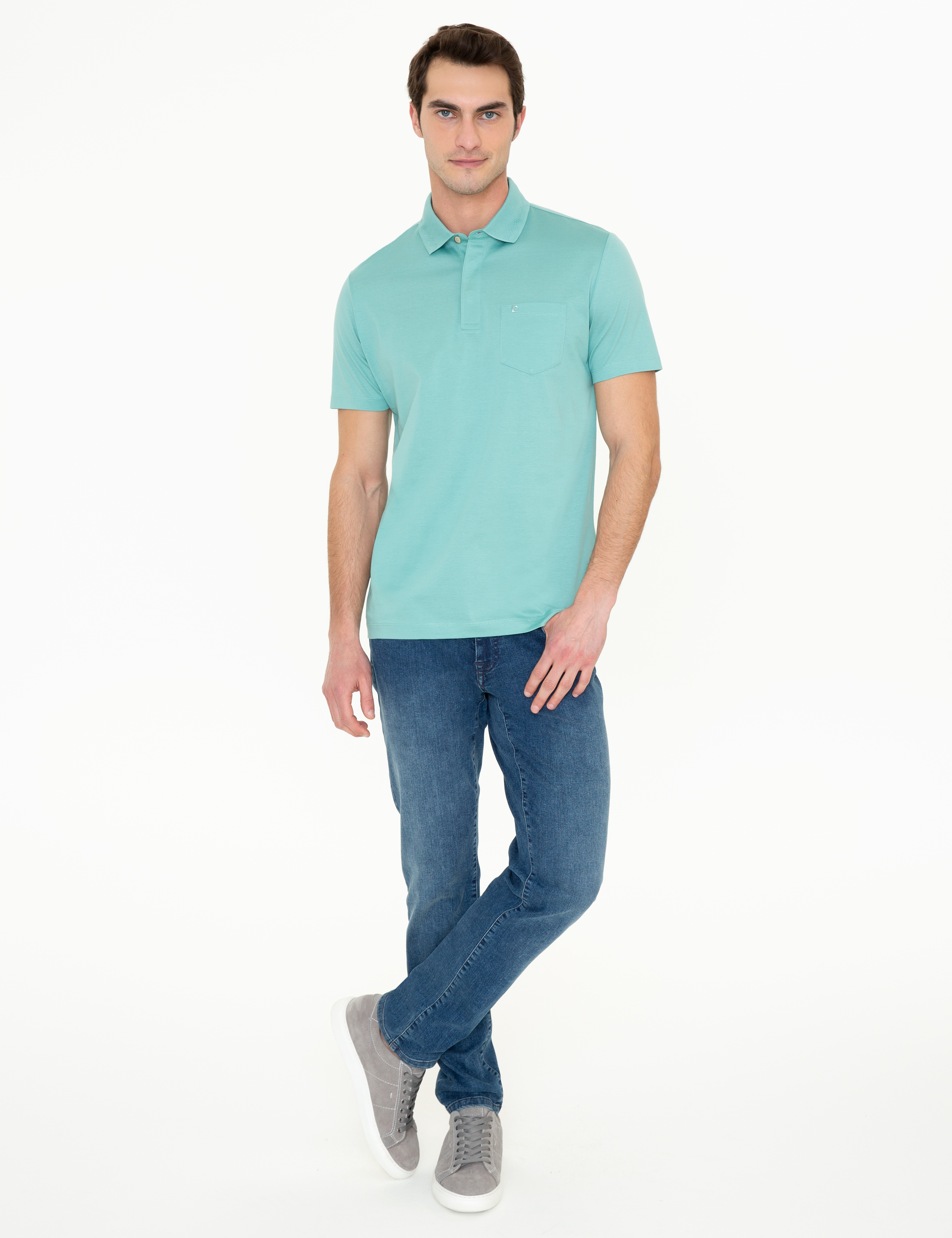 Çağla Yeşili Regular Fit Polo Yaka Merserize Tişört - Image 5