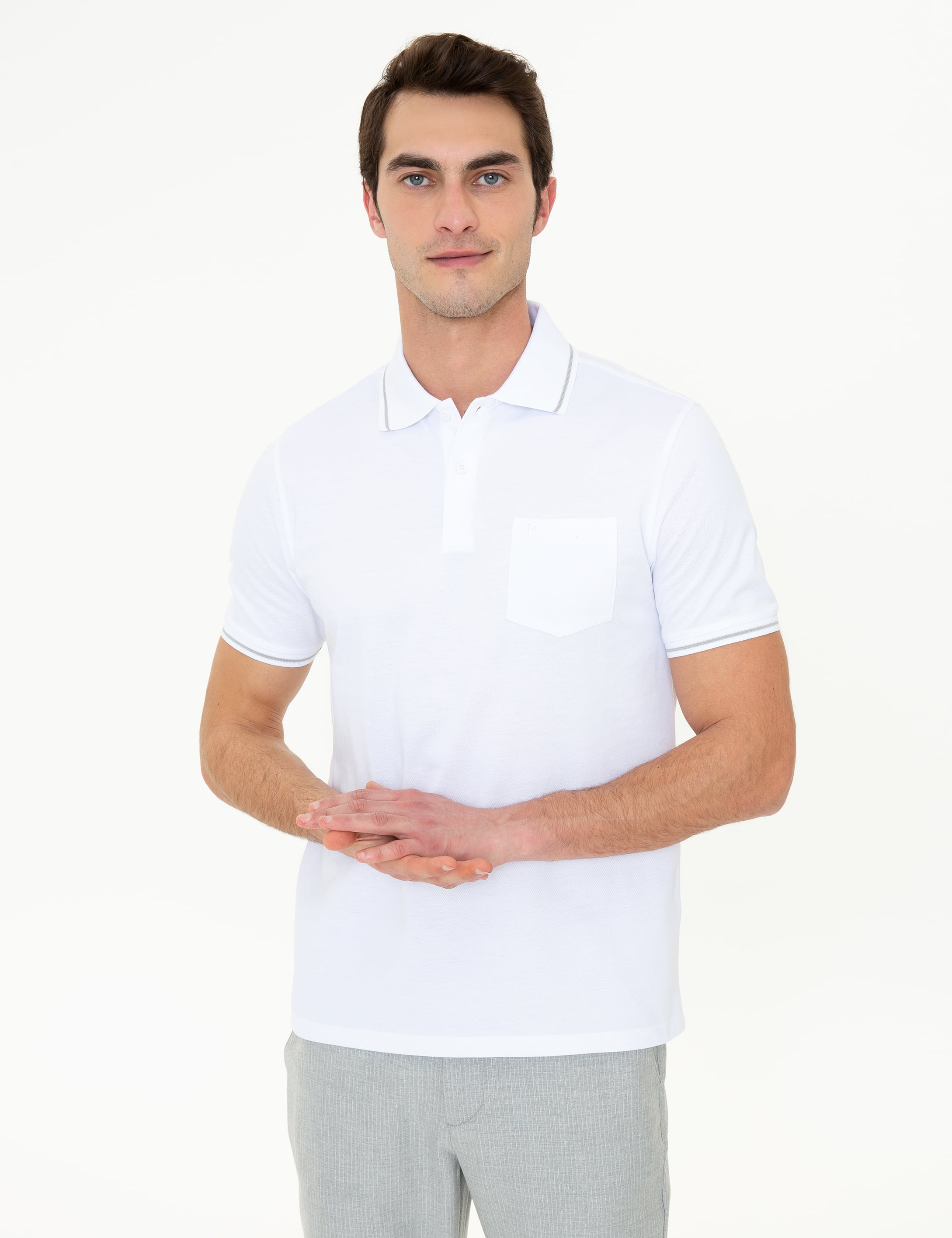 Beyaz Regular Fit Polo Yaka Basic Tişört - Image 3