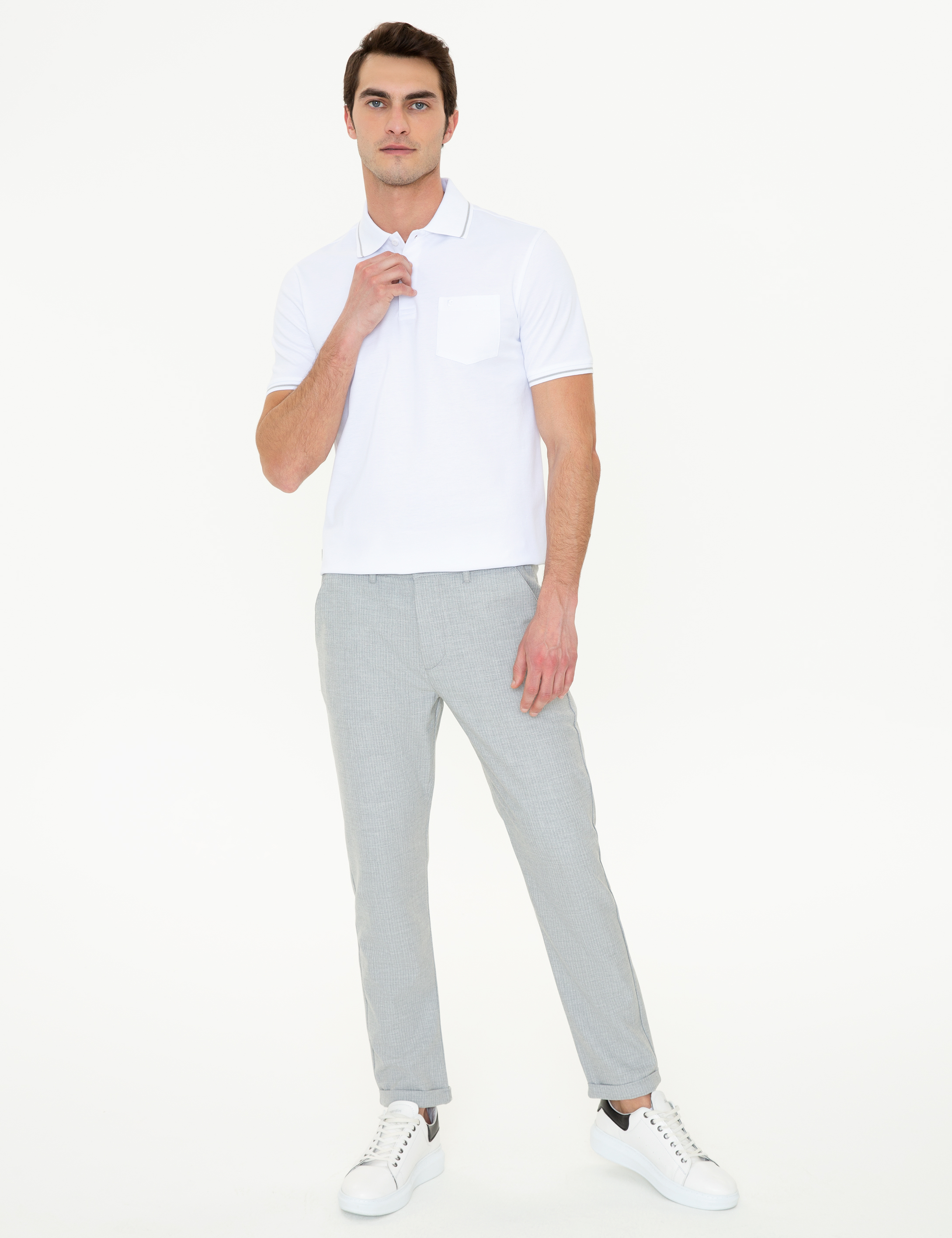Beyaz Regular Fit Polo Yaka Basic Tişört - Image 5