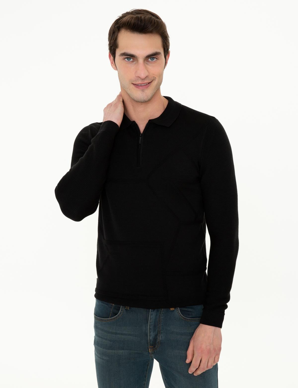 Siyah Slim Fit Fermuarlı Polo Yaka Triko Kazak - 50241455007