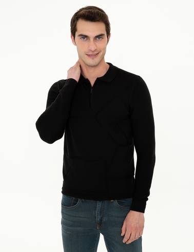Siyah Slim Fit Fermuarlı Polo Yaka Triko Kazak