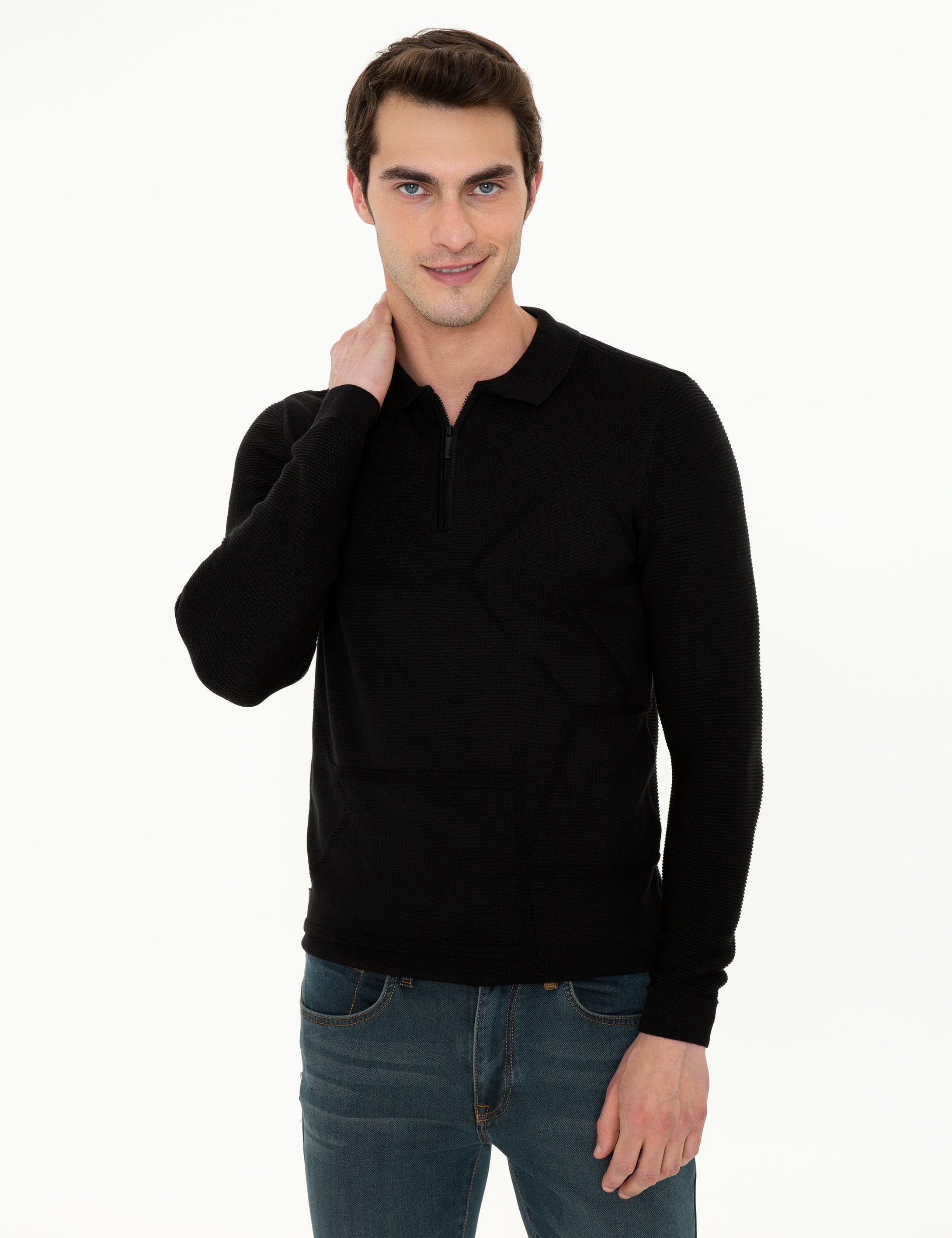 Siyah Slim Fit Fermuarlı Polo Yaka Triko Kazak - Image 3