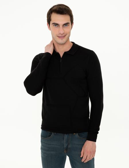 Siyah Slim Fit Fermuarlı Polo Yaka Triko Kazak - 50241455007