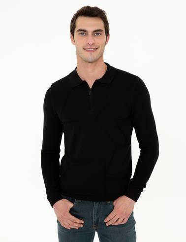 Siyah Slim Fit Fermuarlı Polo Yaka Triko Kazak