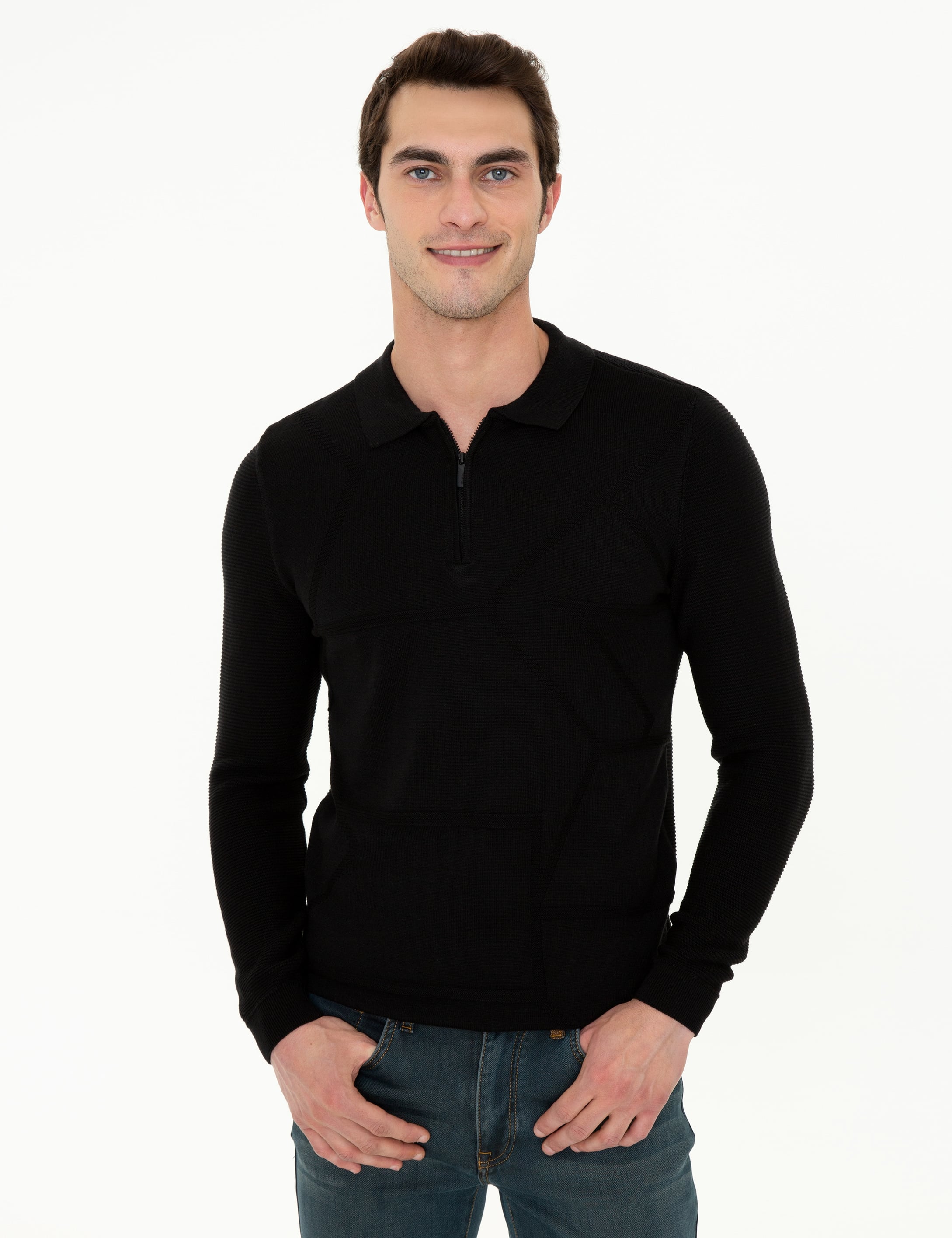 Siyah Slim Fit Fermuarlı Polo Yaka Triko Kazak