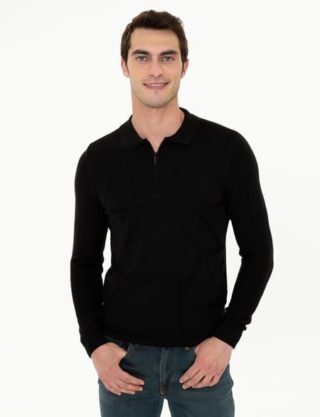 Siyah Slim Fit Fermuarlı Polo Yaka Triko Kazak - 50241455007