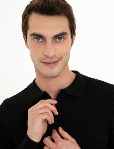 Siyah Slim Fit Fermuarlı Polo Yaka Triko Kazak