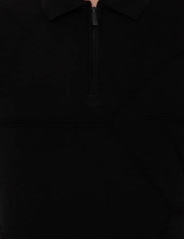 Siyah Slim Fit Fermuarlı Polo Yaka Triko Kazak