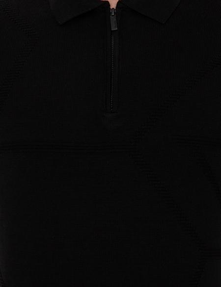Siyah Slim Fit Fermuarlı Polo Yaka Triko Kazak - 50241455007