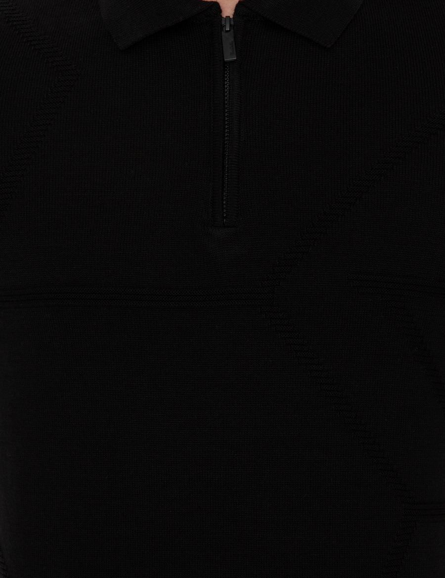 Siyah Slim Fit Fermuarlı Polo Yaka Triko Kazak