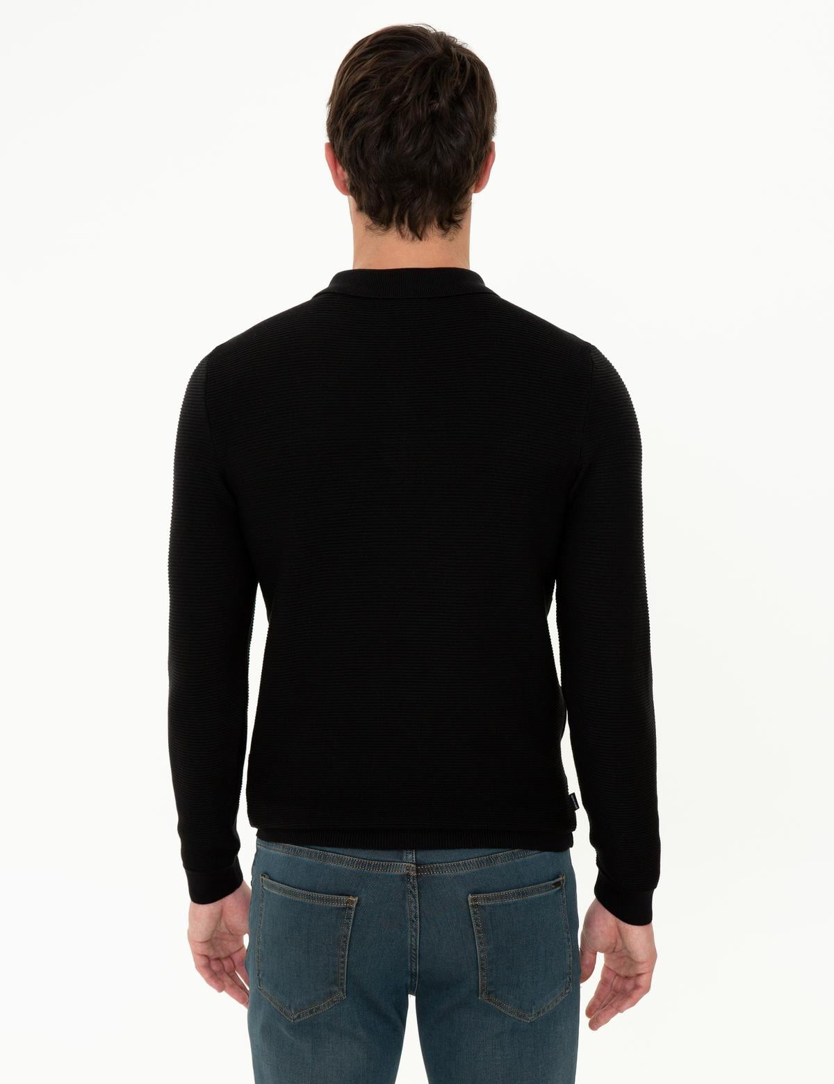 Siyah Slim Fit Fermuarlı Polo Yaka Triko Kazak - 50241455007