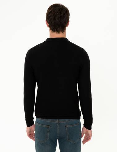 Siyah Slim Fit Fermuarlı Polo Yaka Triko Kazak