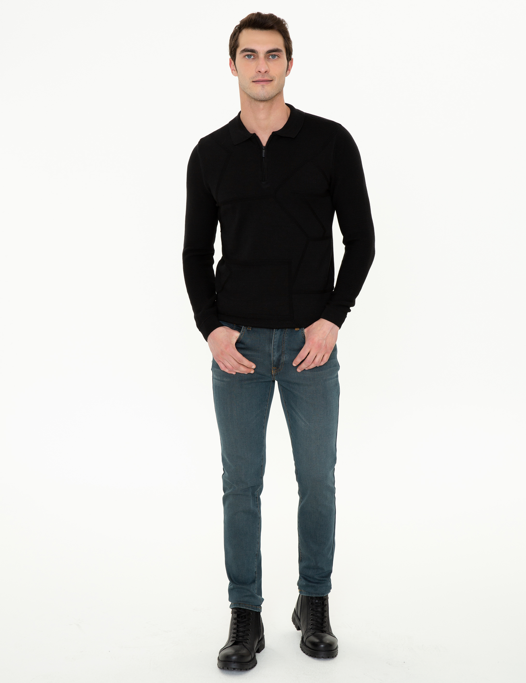 Pierre Cardin Siyah Slim Fit Fermuarlı Polo Yaka Triko Kazak görsel 5