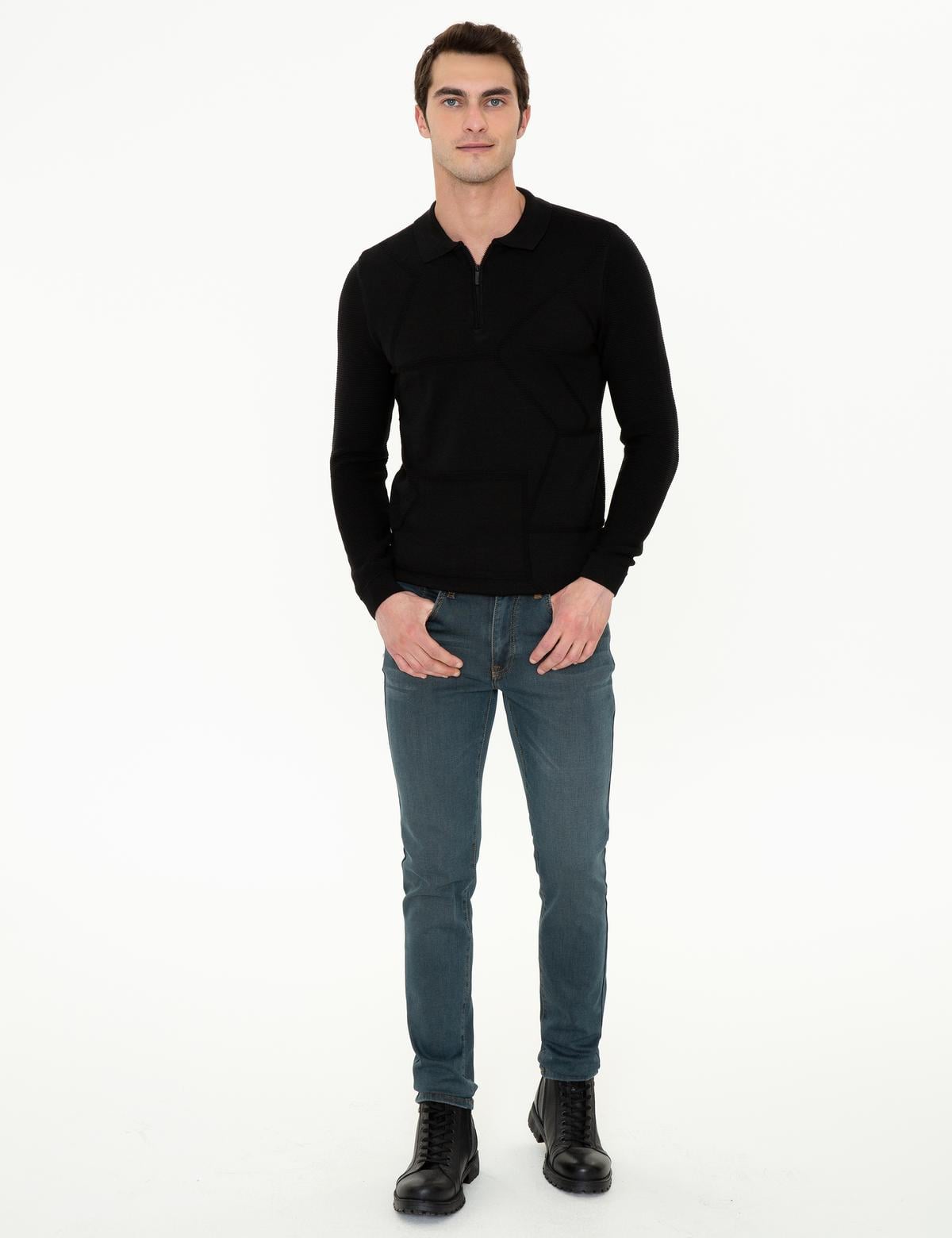 Siyah Slim Fit Fermuarlı Polo Yaka Triko Kazak - 50241455007