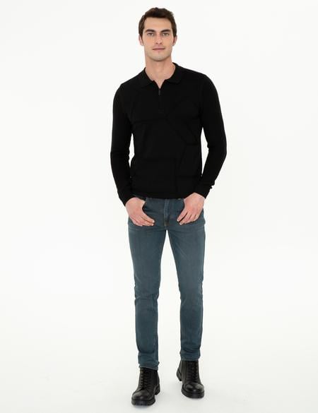 Siyah Slim Fit Fermuarlı Polo Yaka Triko Kazak - 50241455007