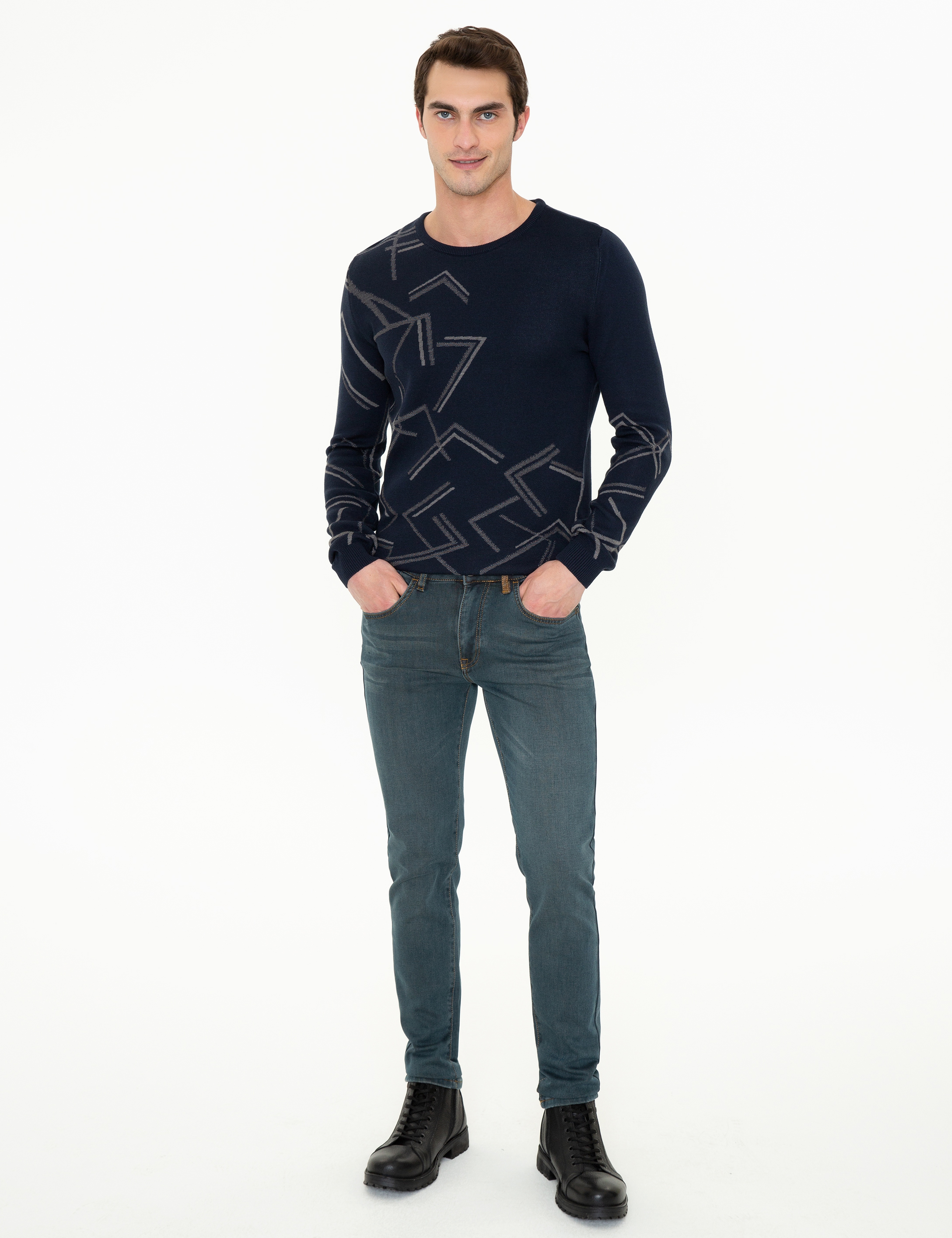 Lacivert Slim Fit Bisiklet Yaka Triko Kazak