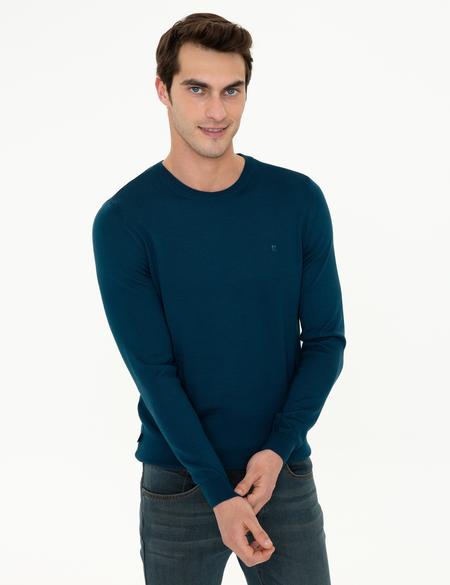 Petrol Regular Fit Bisiklet Yaka Yün Karışımlı Basic Triko Kazak - 50237703147