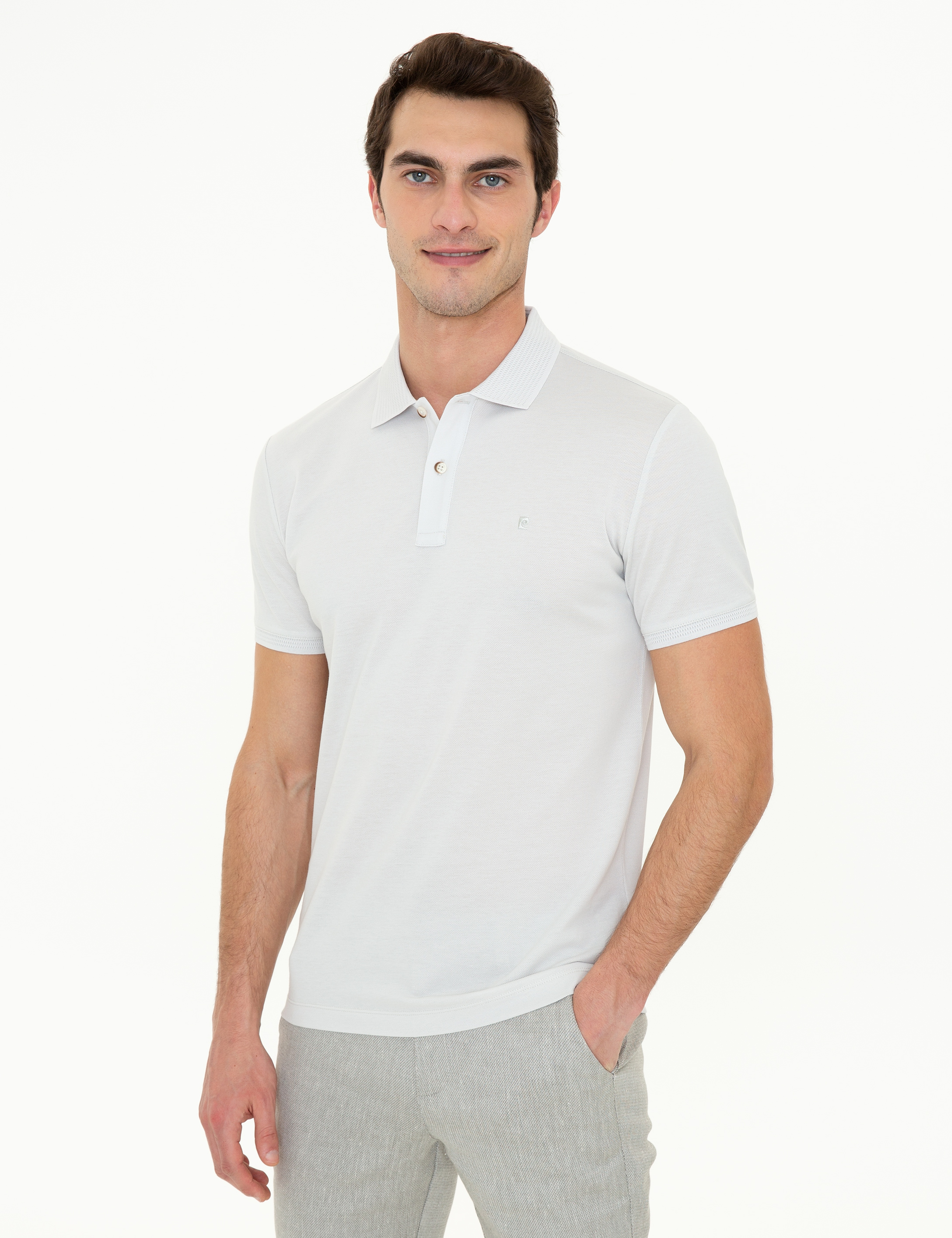Açık Gri Slim Fit Polo Yaka Merserize Tişört - Image 1