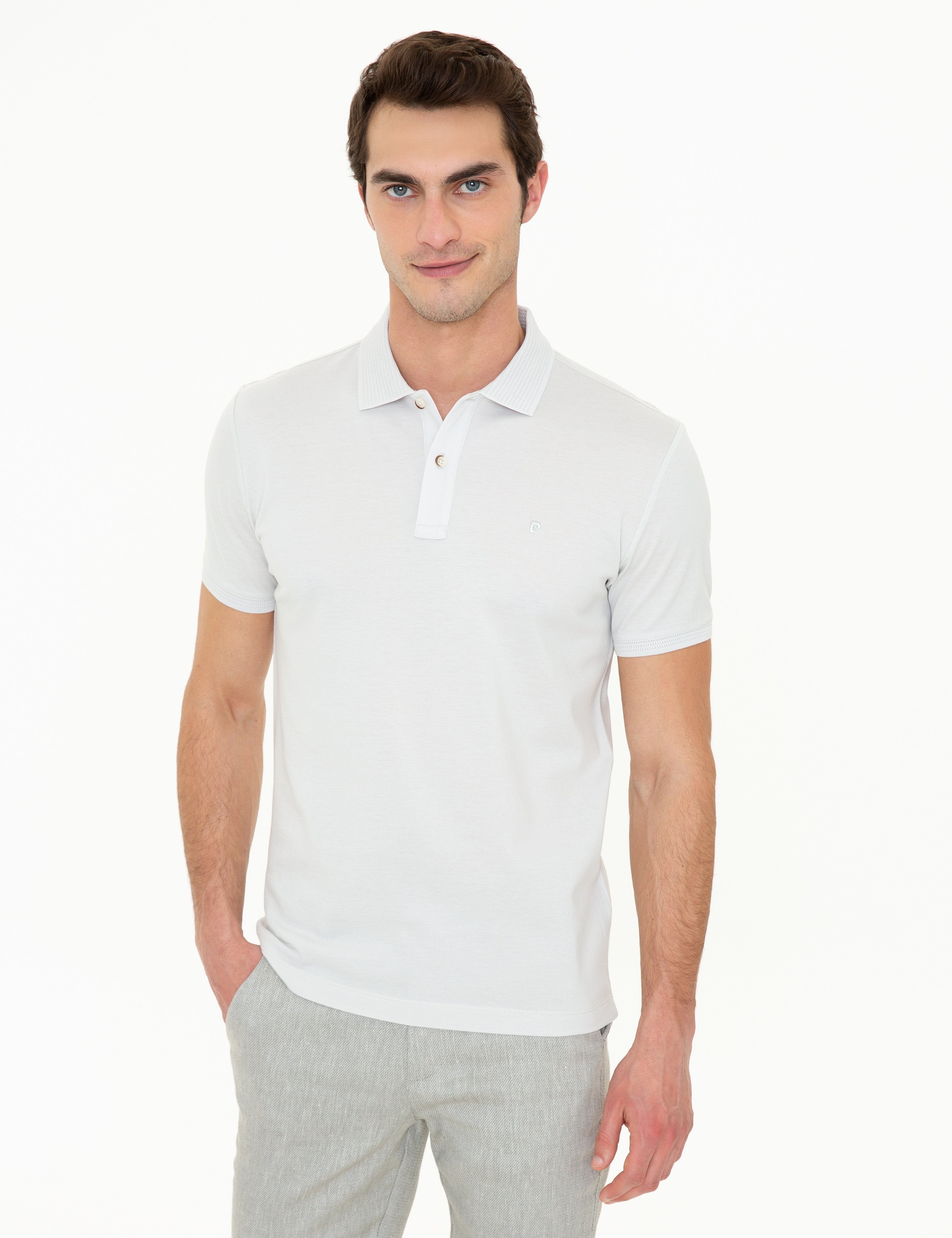 Açık Gri Slim Fit Polo Yaka Merserize Tişört