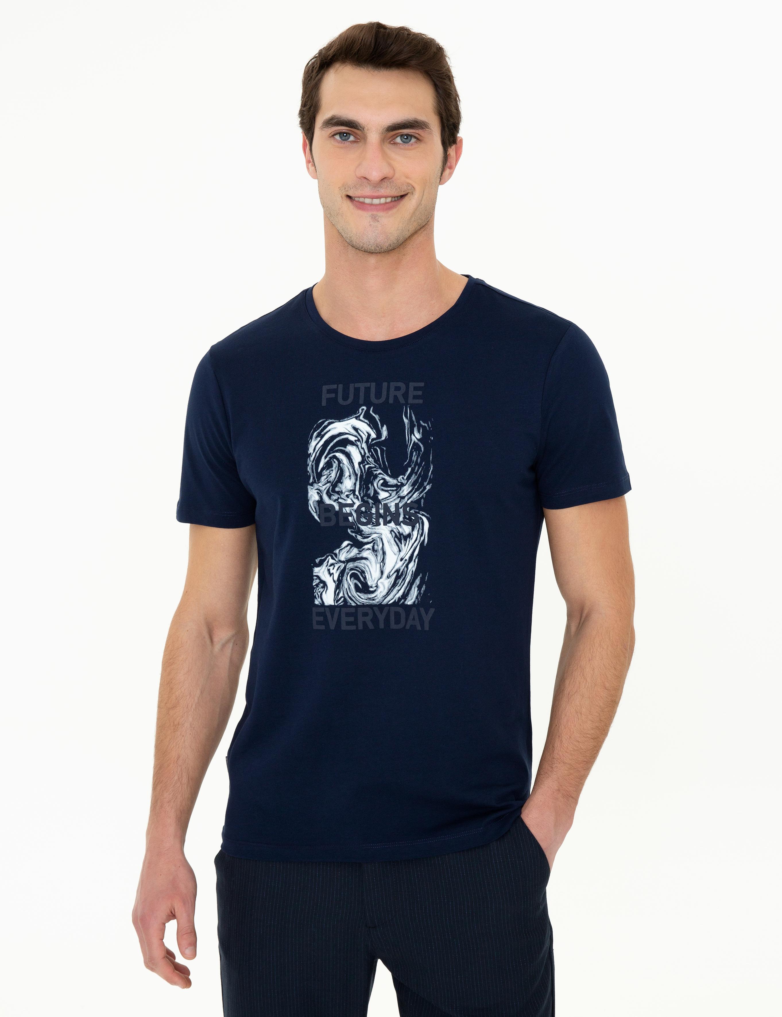 Lacivert Slim Fit Baskılı Bisiklet Yaka Tişört