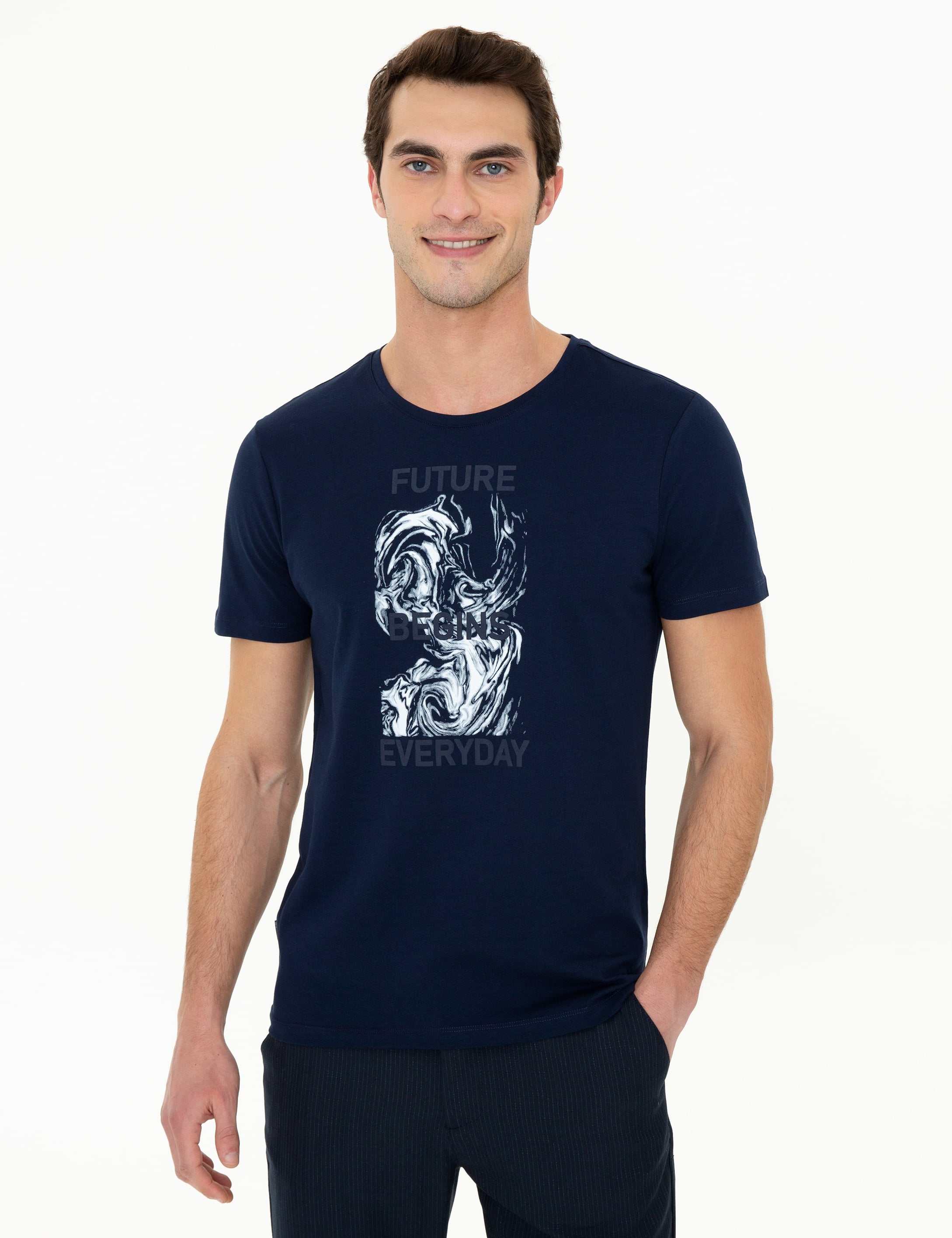 Lacivert Slim Fit Baskılı Bisiklet Yaka Tişört