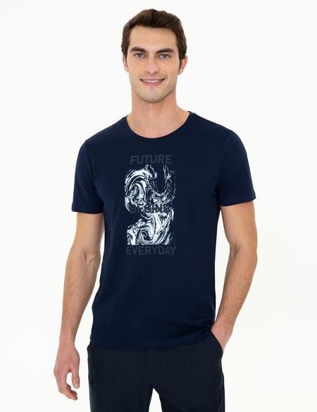 Lacivert Slim Fit Baskılı Bisiklet Yaka Tişört - 50249710014