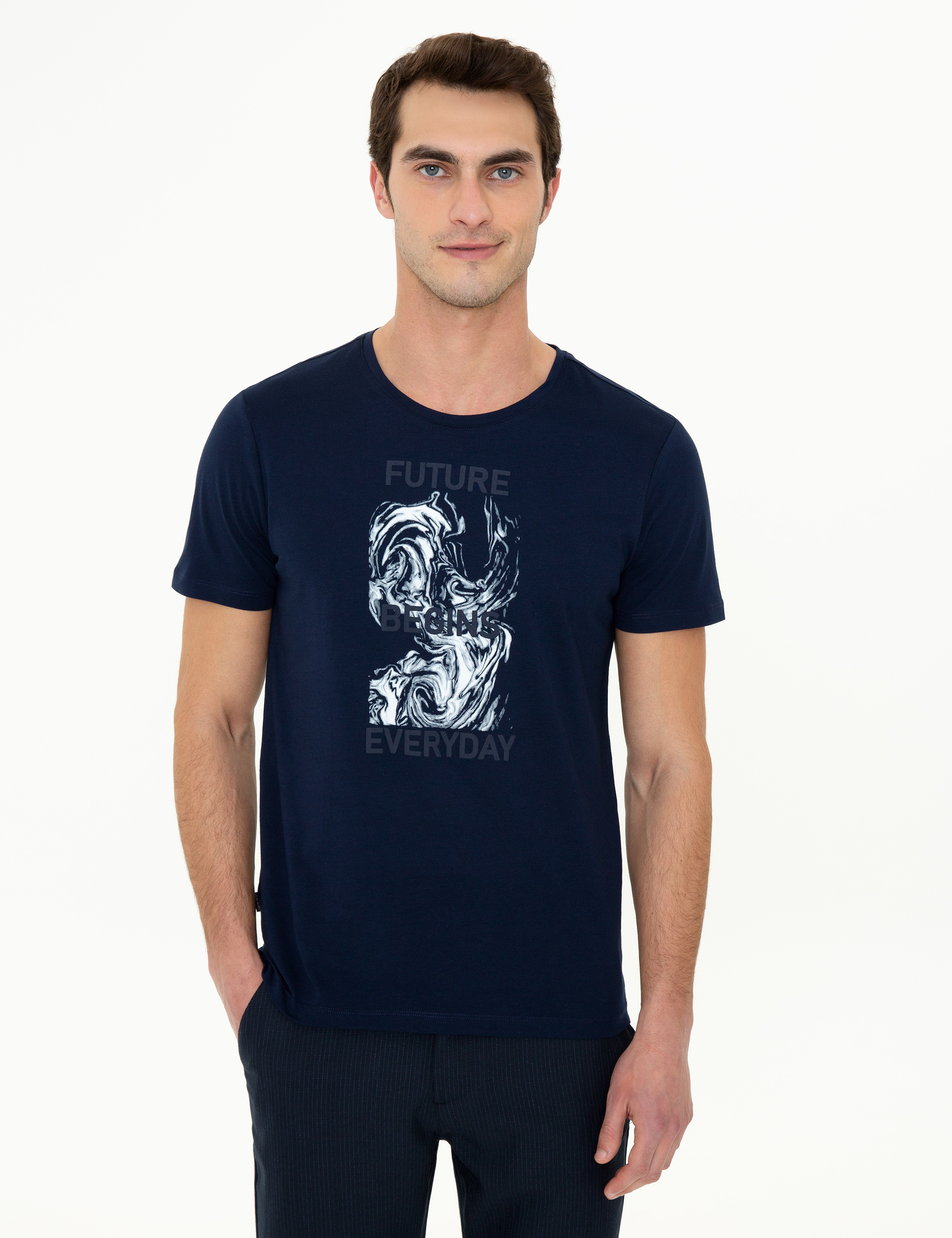 Lacivert Slim Fit Baskılı Bisiklet Yaka Tişört