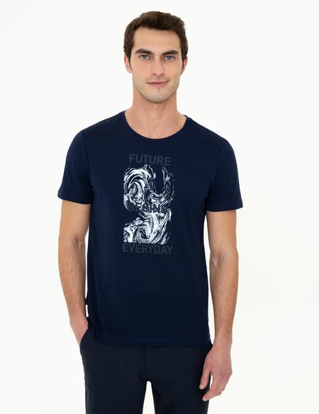 Lacivert Slim Fit Baskılı Bisiklet Yaka Tişört - 50249710014