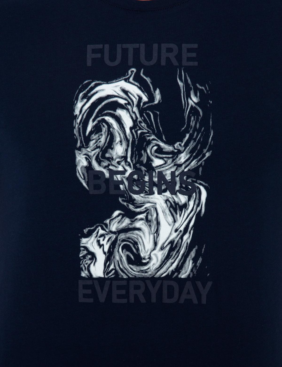 Lacivert Slim Fit Baskılı Bisiklet Yaka Tişört - 50249710014