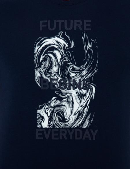 Lacivert Slim Fit Baskılı Bisiklet Yaka Tişört - 50249710014