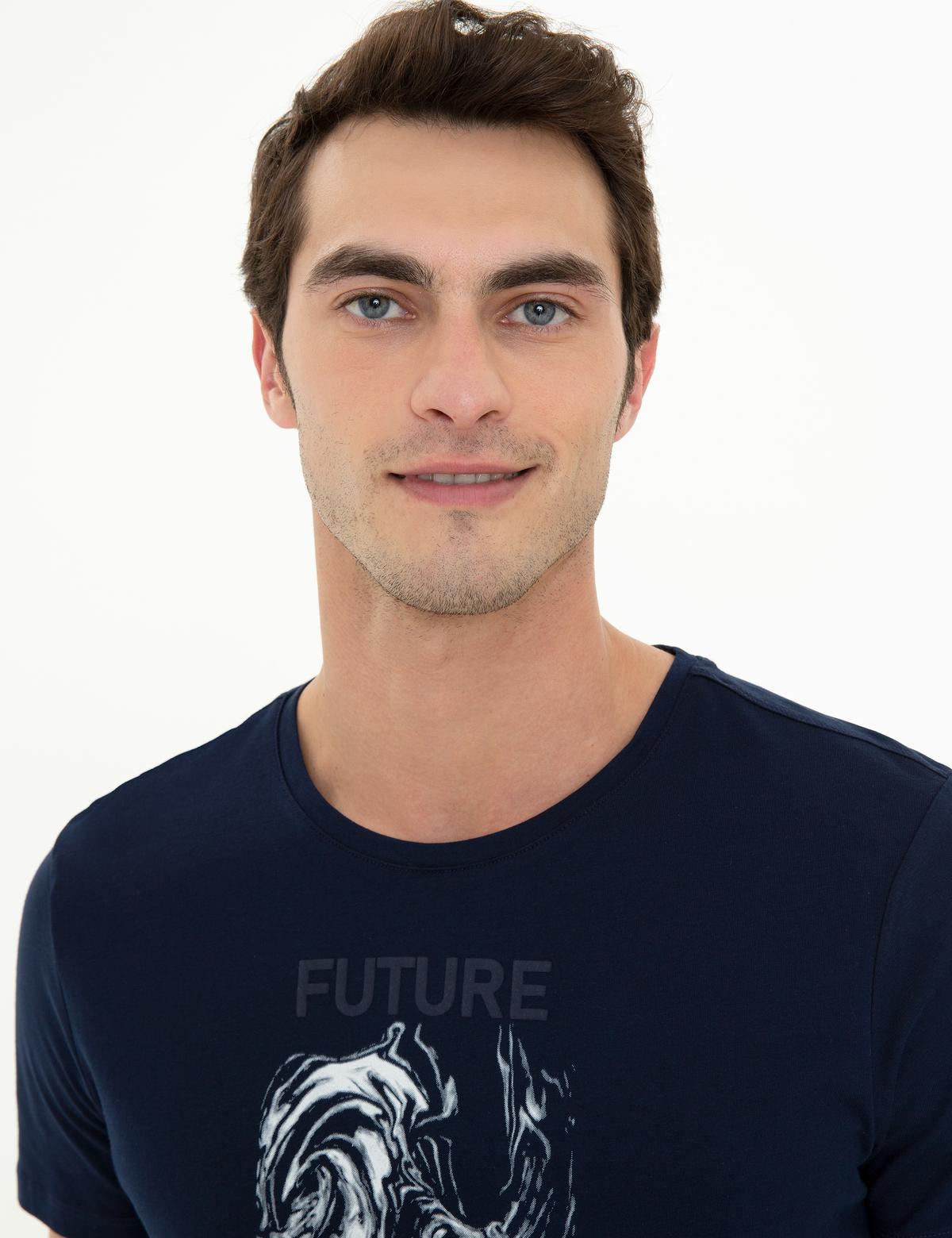 Lacivert Slim Fit Baskılı Bisiklet Yaka Tişört - 50249710014