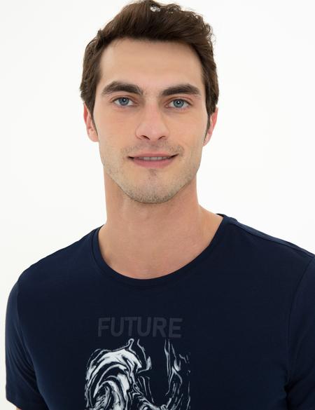 Lacivert Slim Fit Baskılı Bisiklet Yaka Tişört - 50249710014