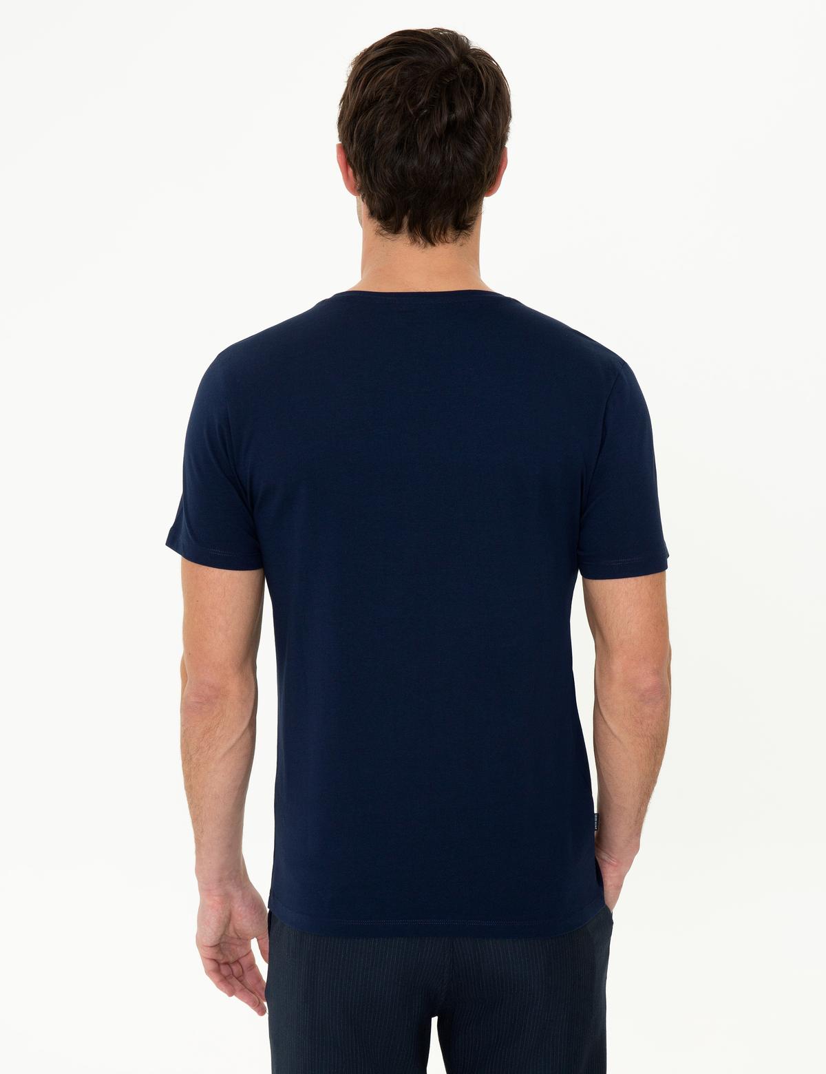 Lacivert Slim Fit Baskılı Bisiklet Yaka Tişört - 50249710014