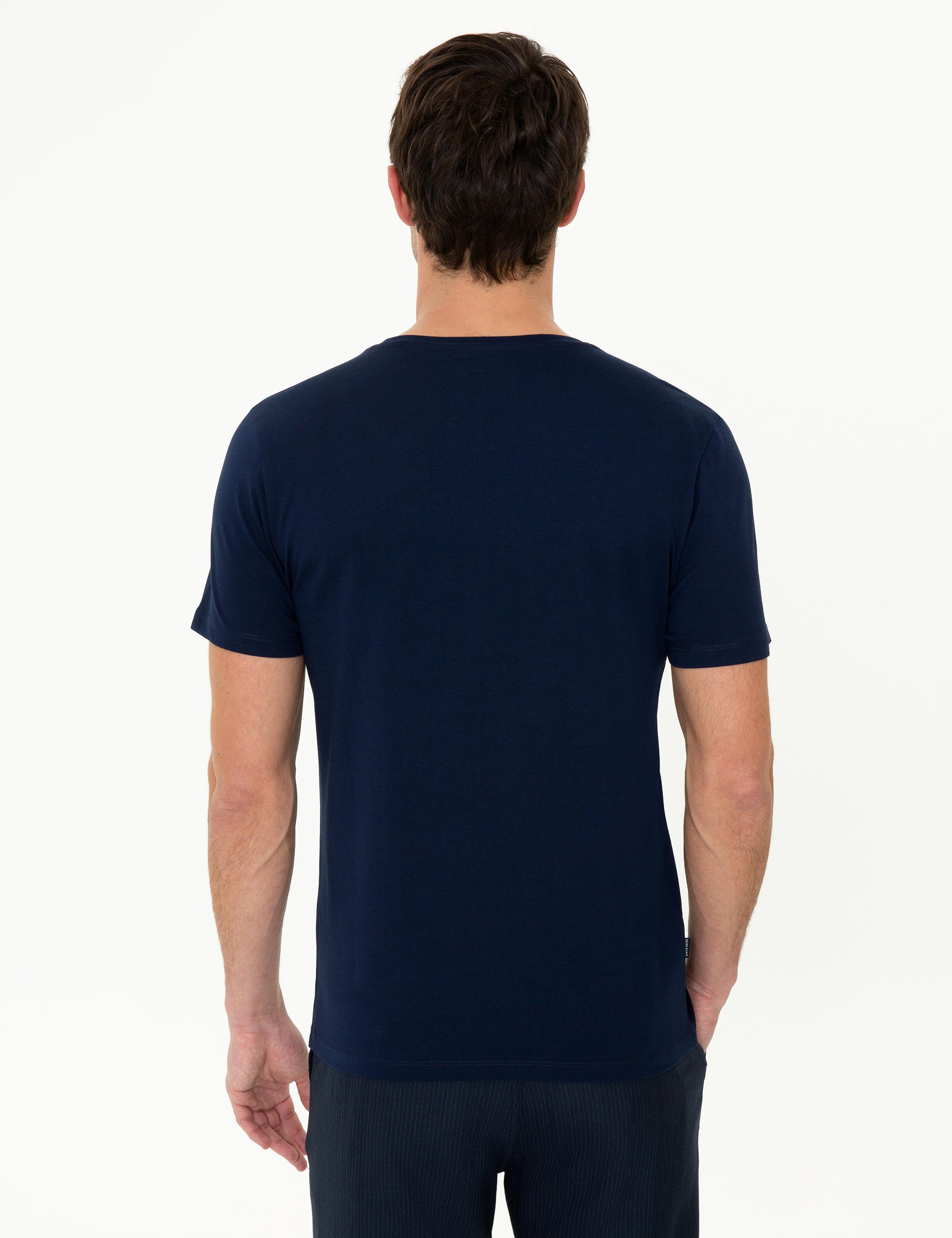 Lacivert Slim Fit Baskılı Bisiklet Yaka Tişört