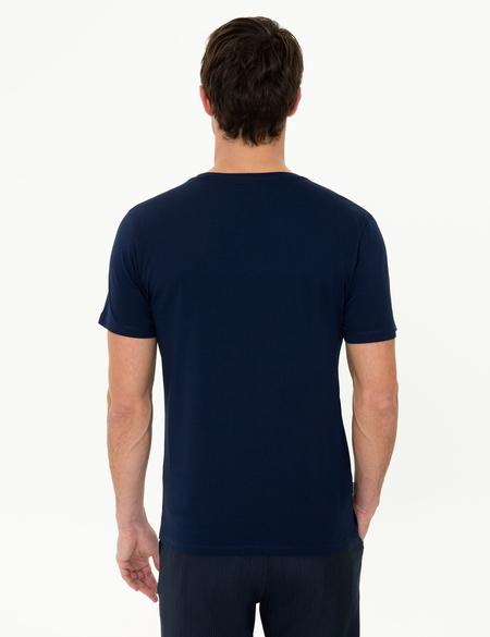 Lacivert Slim Fit Baskılı Bisiklet Yaka Tişört - 50249710014