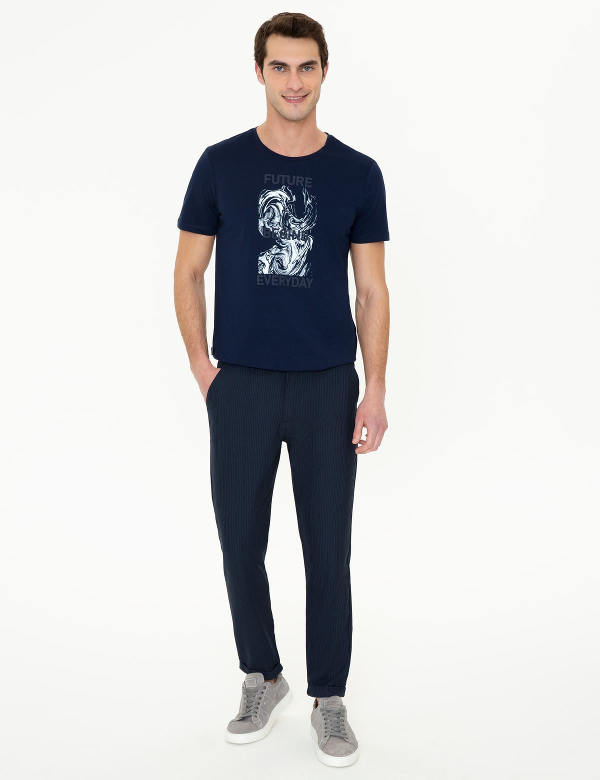 Lacivert Slim Fit Baskılı Bisiklet Yaka Tişört - 50249710014