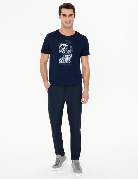 Lacivert Slim Fit Baskılı Bisiklet Yaka Tişört - 50249710014