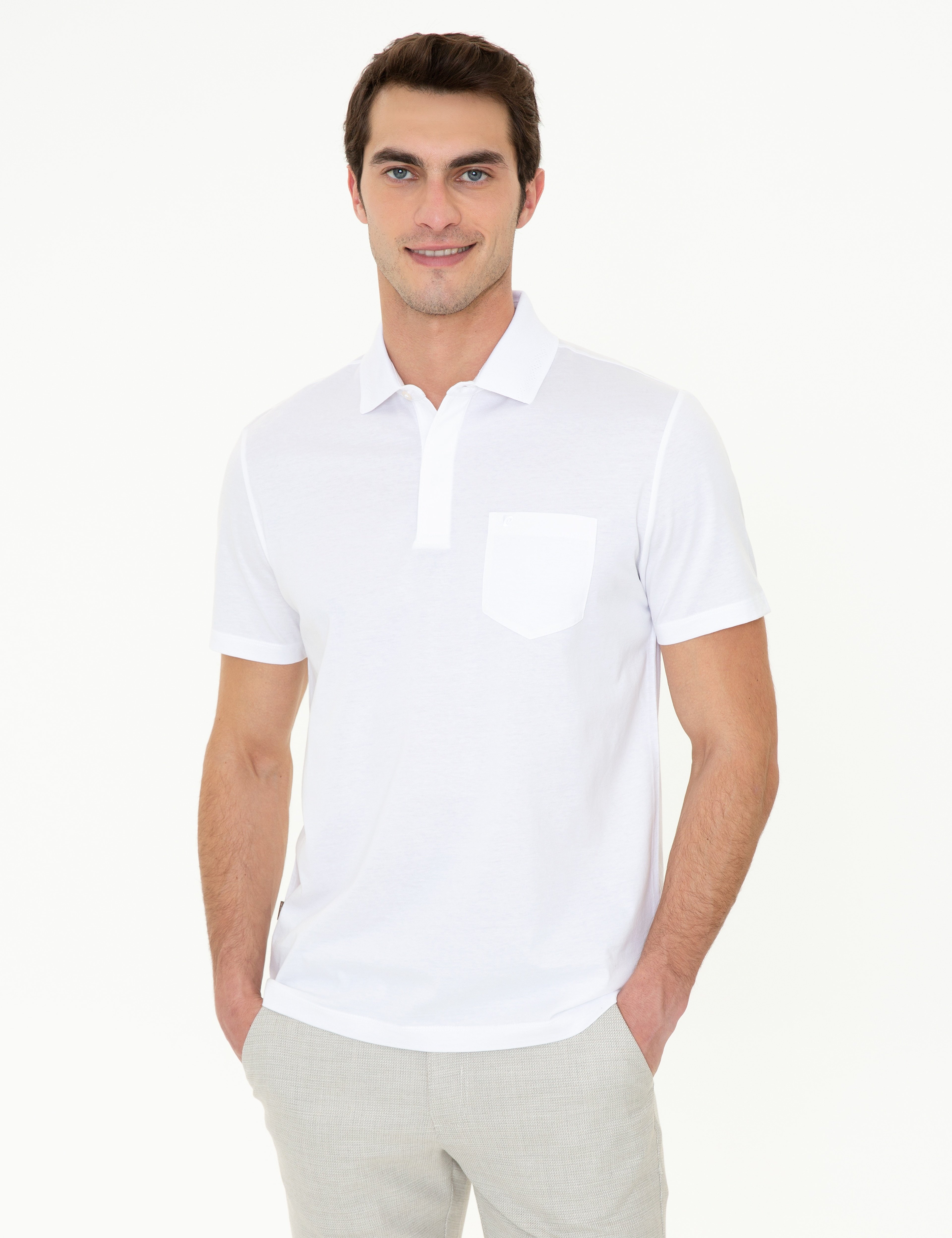 Beyaz Regular Fit Polo Yaka Merserize Tişört - Image 1