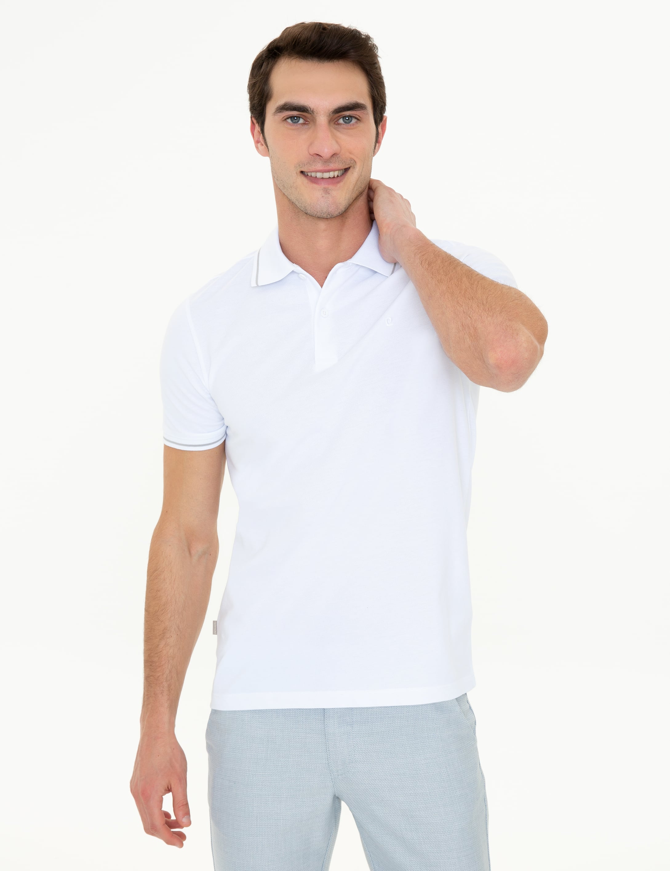Beyaz Slim Fit %100 Pamuk Polo Yaka Basic Tişört - Image 3