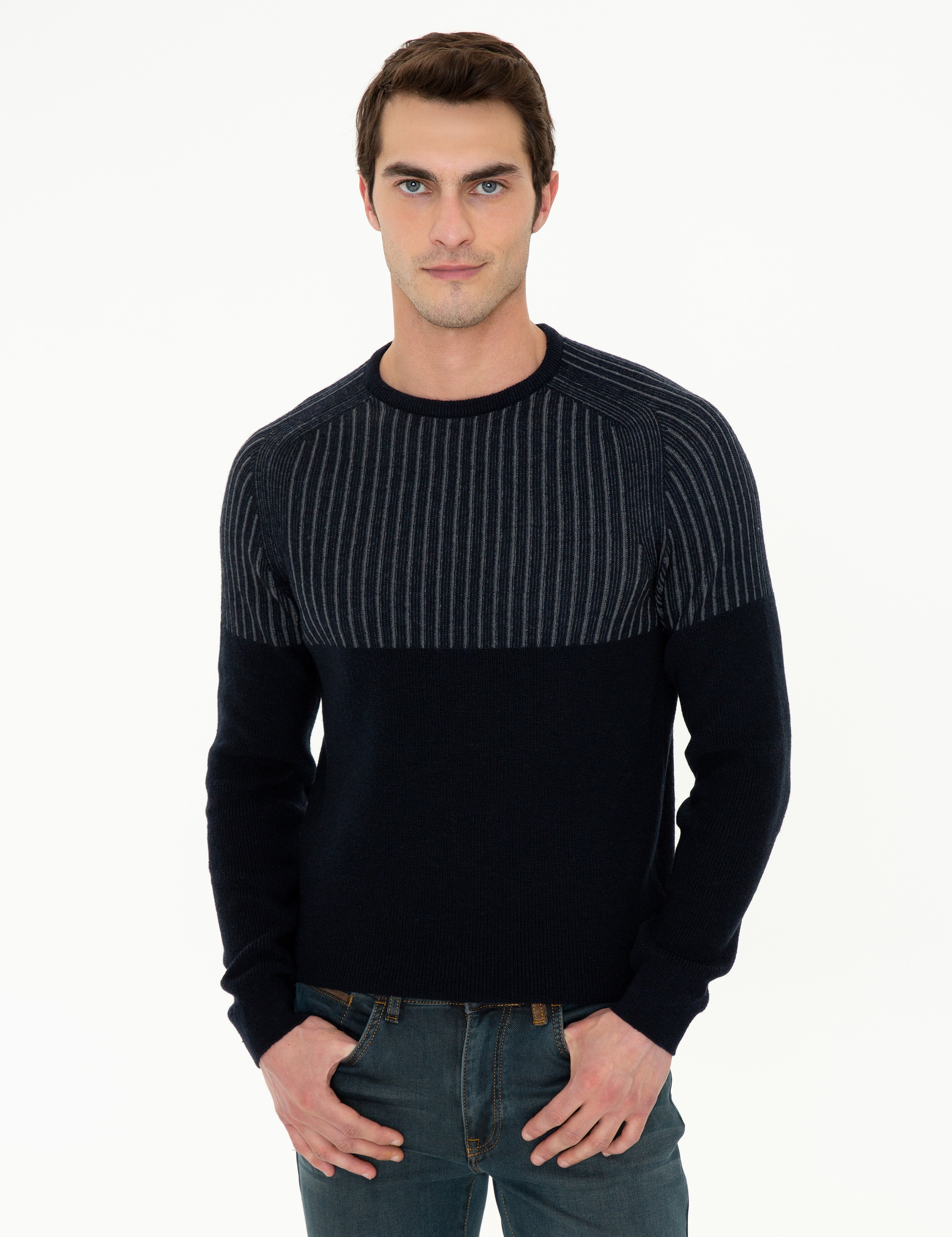Lacivert Slim Fit Bisiklet Yaka Yün Karışımlı Triko Kazak - Image 1
