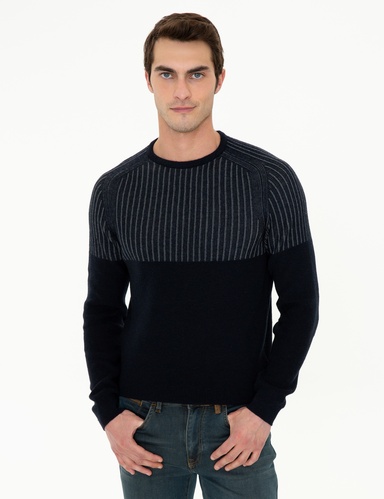Lacivert Slim Fit Bisiklet Yaka Yün Karışımlı Triko Kazak