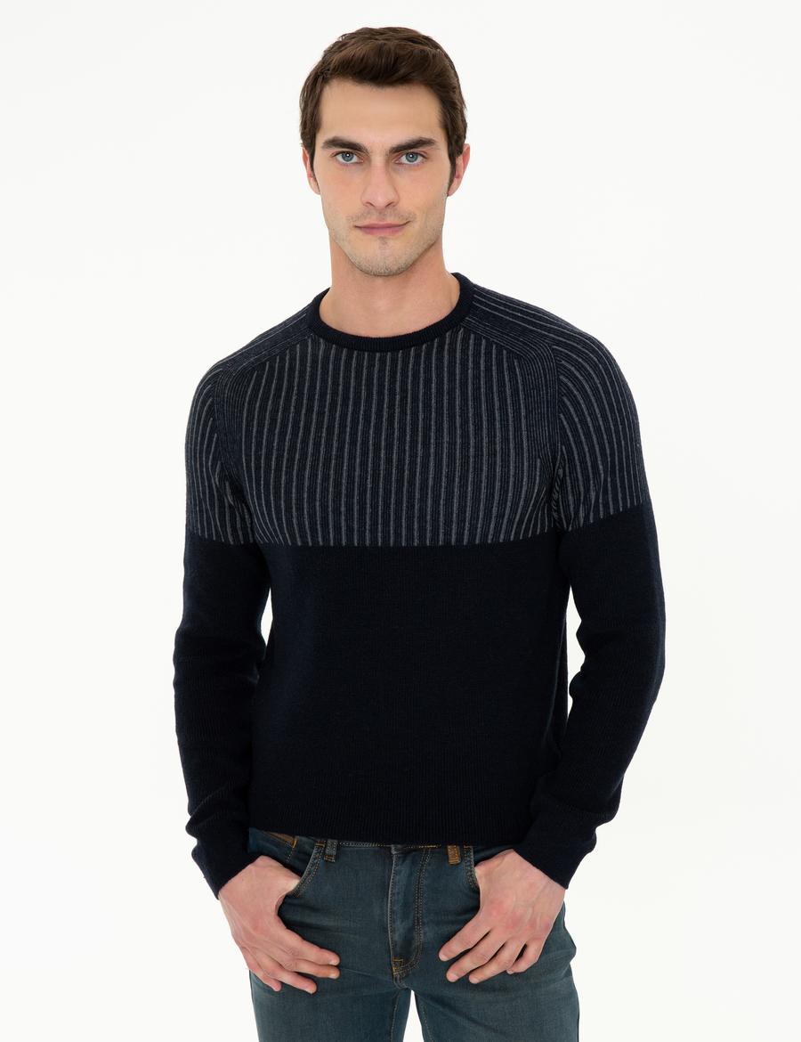 Lacivert Slim Fit Bisiklet Yaka Yün Karışımlı Triko Kazak