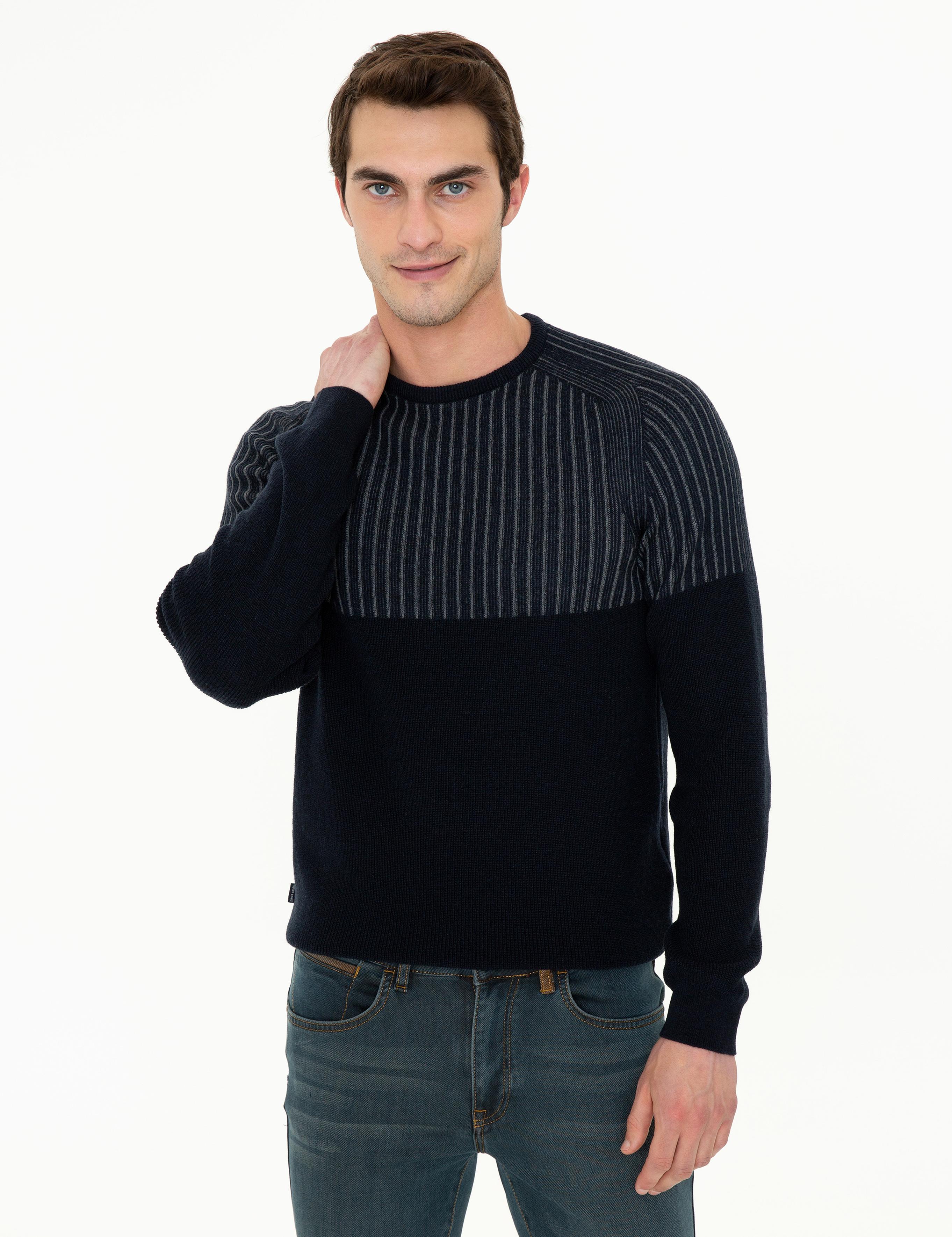 Lacivert Slim Fit Bisiklet Yaka Yün Karışımlı Triko Kazak