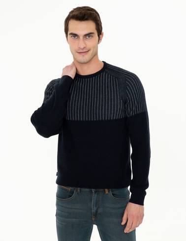 Lacivert Slim Fit Bisiklet Yaka Yün Karışımlı Triko Kazak